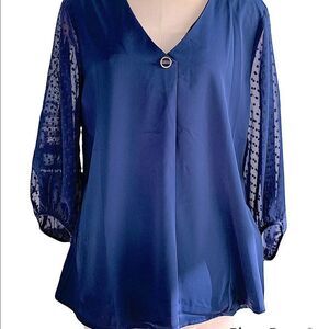 Navy blue tunic style top sheer patterned long sleeve L  NWT